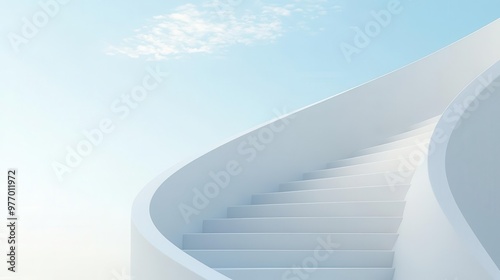 A serene, minimalistic image of a curved white staircase ascending into a bright blue sky, symbolizing ascent and tranquility.