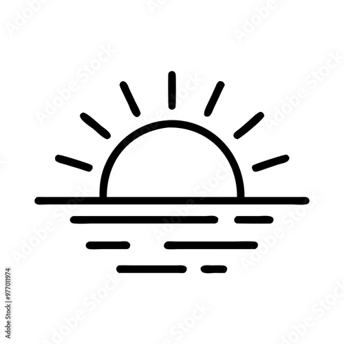Sunrise icon over horizon, black and white, new beginning concept