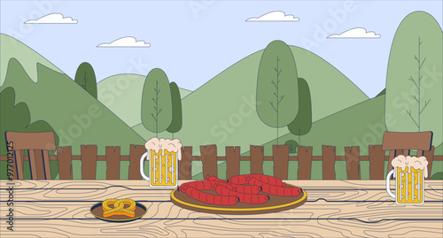 Beer and snacks for oktoberfest celebration flat illustration. Alcohol drink with sausages and pretzel on table 2D landscape cartoon background. Outdoor restaurant and feast scene vector image