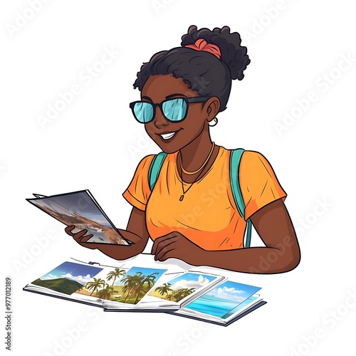 Wallpaper Mural Young Woman Looking at Vacation Photos. Torontodigital.ca