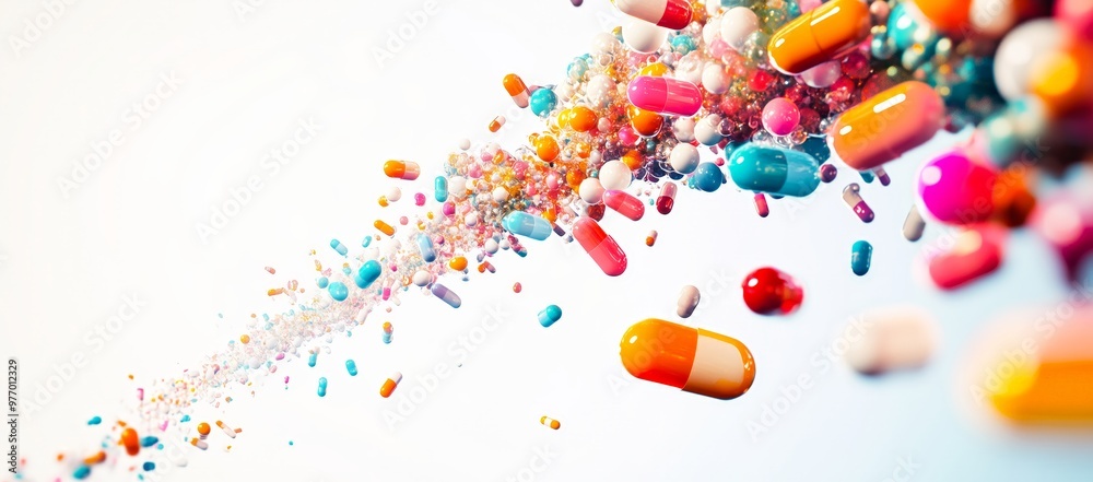 A vibrant explosion of colorful pills and capsules against a white background, symbolizing the diversity of medications. A vibrant explosion of colorful pills and capsules against a white background, symbolizing the diversity of medications.