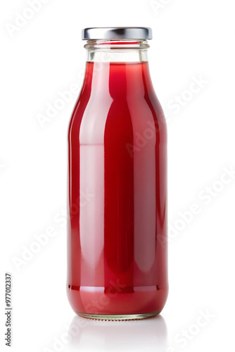 Clear red juice bottle with metal cap, no label
