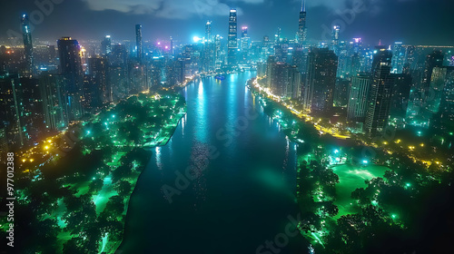 An aerial night view of a c...