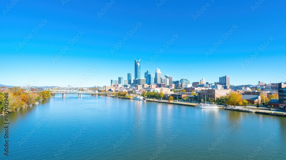 Fototapeta premium Beautiful Skyline of Nashville Tennessee with River and Bridge