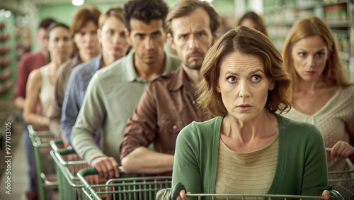 Group of anxious people waiting in line at a supermarket checkout