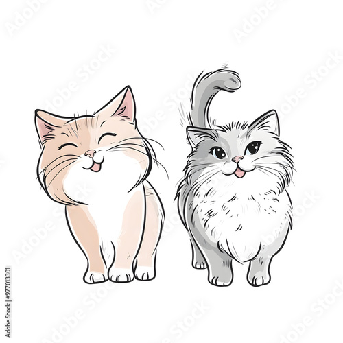 Chibi Style Playful Portraits of Happy Maine Coon and Siberian Cats with Wagging Tails on Pastel Backdrop