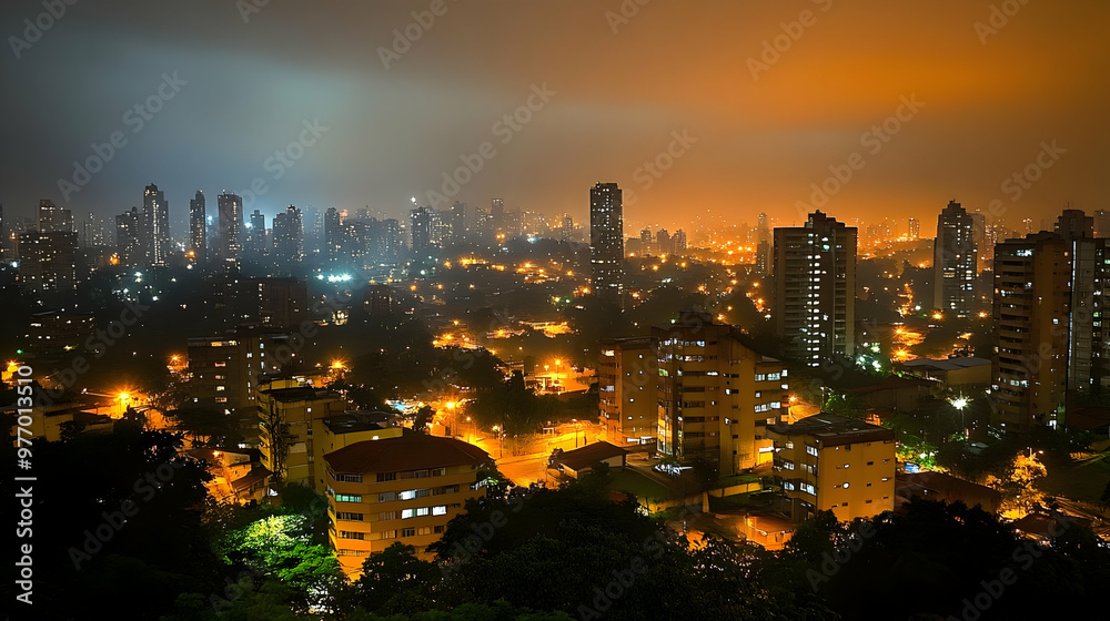 Obraz premium An aerial view of a city at night, with buildings illuminated by streetlights and a hazy orange sky.