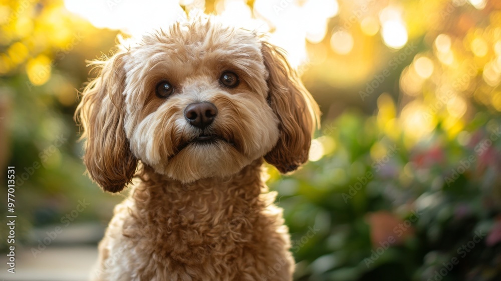 A charming shot of a fluffy dog with its head tilted to the side, looking curiously at the camera with a background of a sunny, cheerful garden.