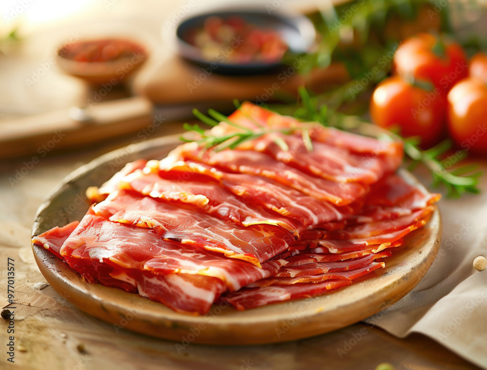 Gourmet flatlay of Jamon Iberico with a rustic touch on beige background Gourmet flatlay of Jamon Iberico with a rustic touch on beige background