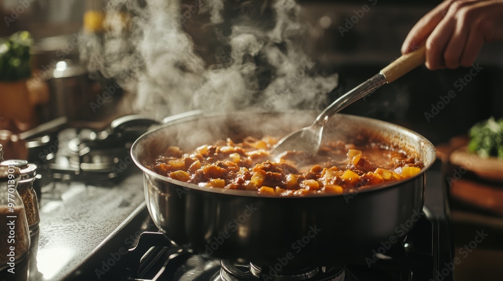 A chef stirring a pot of hearty stew on a stove, with rich, bubbling contents and a focus on the steam and texture, in a cozy kitchen setting. A chef stirring a pot of hearty stew on a stove, with rich, bubbling contents and a focus on the steam and texture, in a cozy kitchen setting.