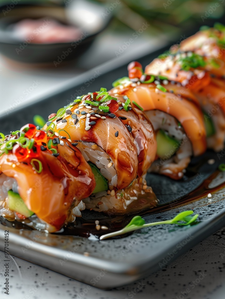 Elegant Dragon Roll sushi with eel, cucumber, and avocado topped with unagi sauce on a light background Elegant Dragon Roll sushi with eel, cucumber, and avocado topped with unagi sauce on a light background
