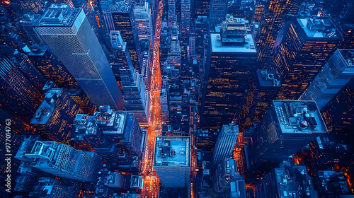 An aerial view of a city skyline at night with many skyscrapers and street lights. #977014763