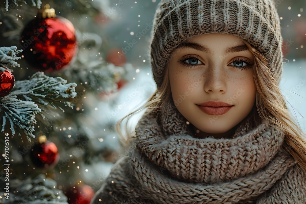 Young girl enjoying a snowy winter day near a decorated tree Young girl enjoying a snowy winter day near a decorated tree