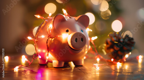 Piggy Bank with Christmas Lights in Festive Atmosphere