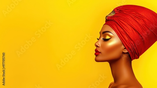 African Woman in Red Headscarf with Golden Makeup on Yellow Background