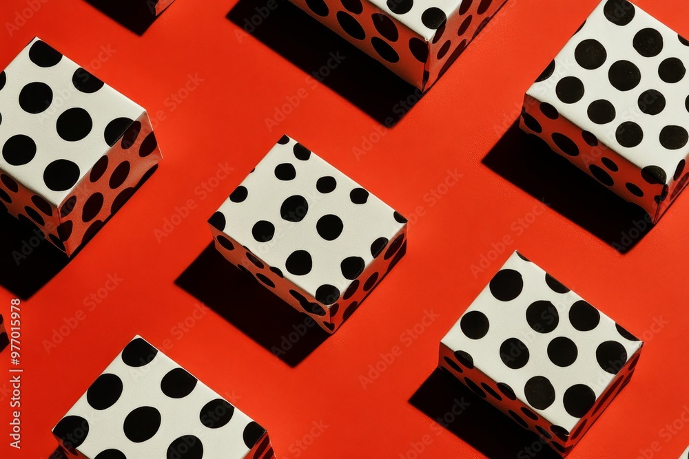 Red background with a trendy pattern made from present gift boxes Red background with a trendy pattern made from present gift boxes