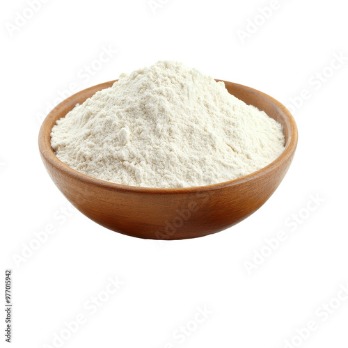 White flour in a brown wooden bowl on a table transparent