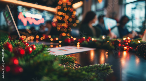 Office with Traders Working and Christmas Decorations