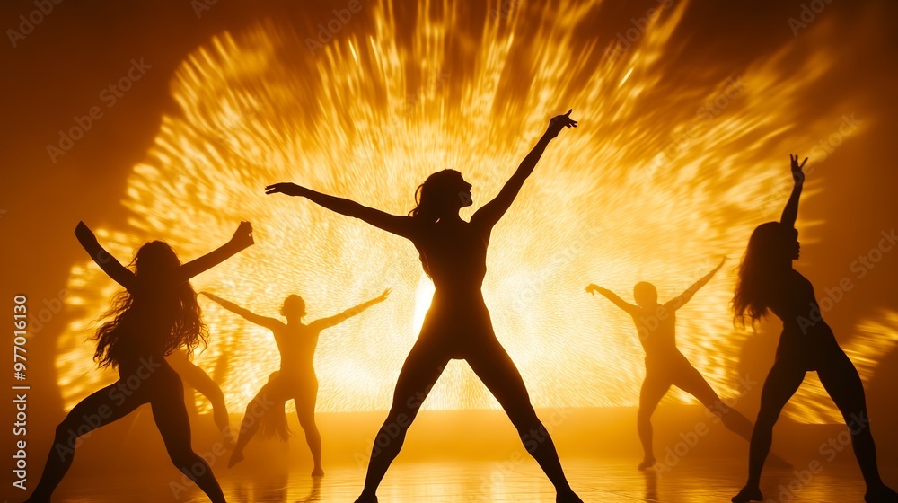 A group of dancers perform in silhouette against a backdrop of bright golden light emanating from the stage. A group of dancers perform in silhouette against a backdrop of bright golden light emanating from the stage.