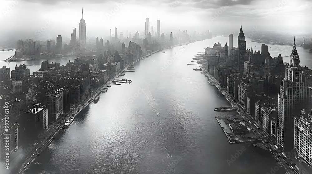 Obraz premium An aerial view of a city skyline with a river flowing through it. The city is in the distance and is obscured by fog or haze.