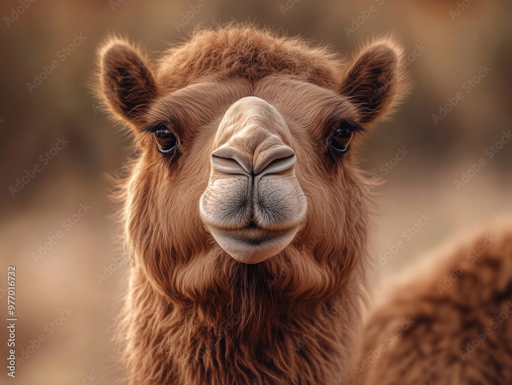 Obraz premium Camel, Camelus dromedarius, close up with golden light in a desert setting