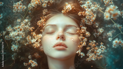 A Dreamy Portrait of a Woman Surrounded by Flowers