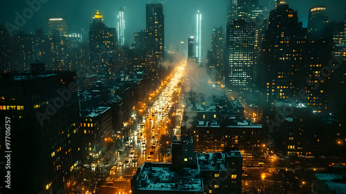 An aerial view of a city st...