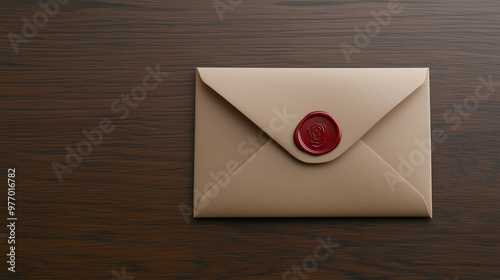 envelope mockup with red wax seal on wooden table background