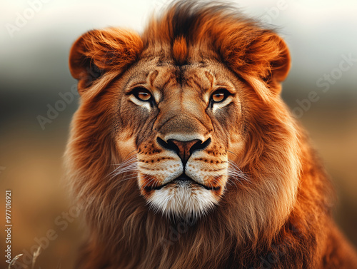 Close Up Portrait of Lion in Savanna, Majestic African Big Cat