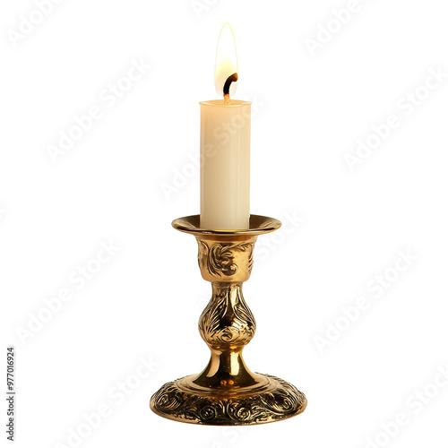 Elegant brass candlestick with lit candle indoors transparent