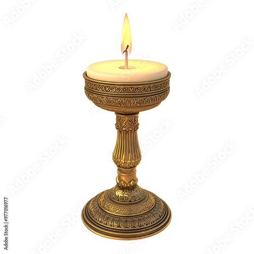 Elegant gold candle holder with lit candle glowing transparent