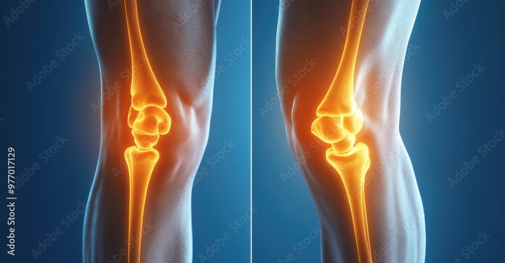 Split-screen image illustrating the anatomy of a healthy knee joint with glowing bones and ligaments in a detailed medical visualization Split-screen image illustrating the anatomy of a healthy knee joint with glowing bones and ligaments in a detailed medical visualization