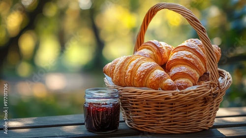 croissants and jam in a basket on a park bench, a perfect outdoor breakfast setting, with room for text photo