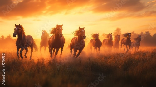 A herd of wild horses galloping through a meadow at sunset, their manes flowing in the wind