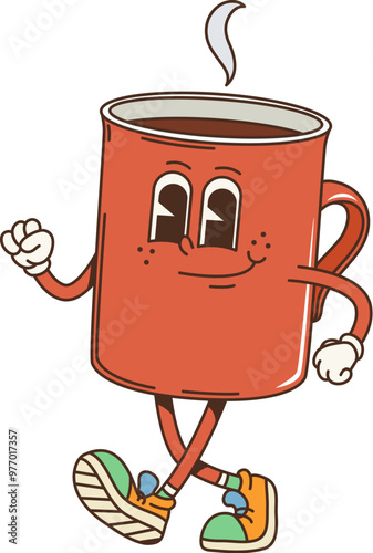 Retro cartoon groovy breakfast coffee cup character with a cheerful expression, wearing colorful sneakers. Isolated vector porcelain hot coffee mug personage walking with steam rising from its top