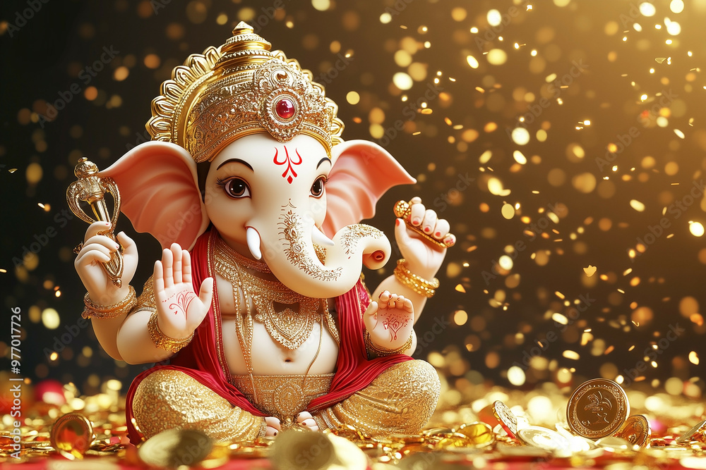 Φωτογραφία Lord Ganesha: Divine Symbol of Prosperity: A resplendent statue of Lord Ganesha, adorned in gold and adorned with intricate details, sits amidst a shower of golden confetti
