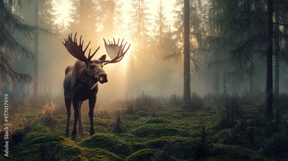 A majestic moose standing in a misty forest at dawn, with soft sunlight breaking through the fog, moss-covered ground and tall pine trees around i A majestic moose standing in a misty forest at dawn, with soft sunlight breaking through the fog, moss-covered ground and tall pine trees around i