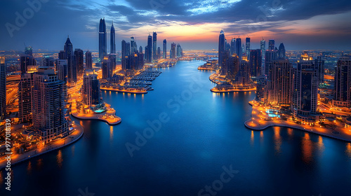 An aerial view of a modern city at dusk with skyscrapers and a waterfront.