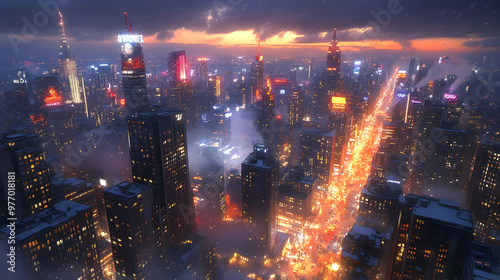 An aerial view of a modern city at night with a dramatic sunset in the background. The cityscape is covered in a layer of fog, and the lights of the buildings and streets are visible below.