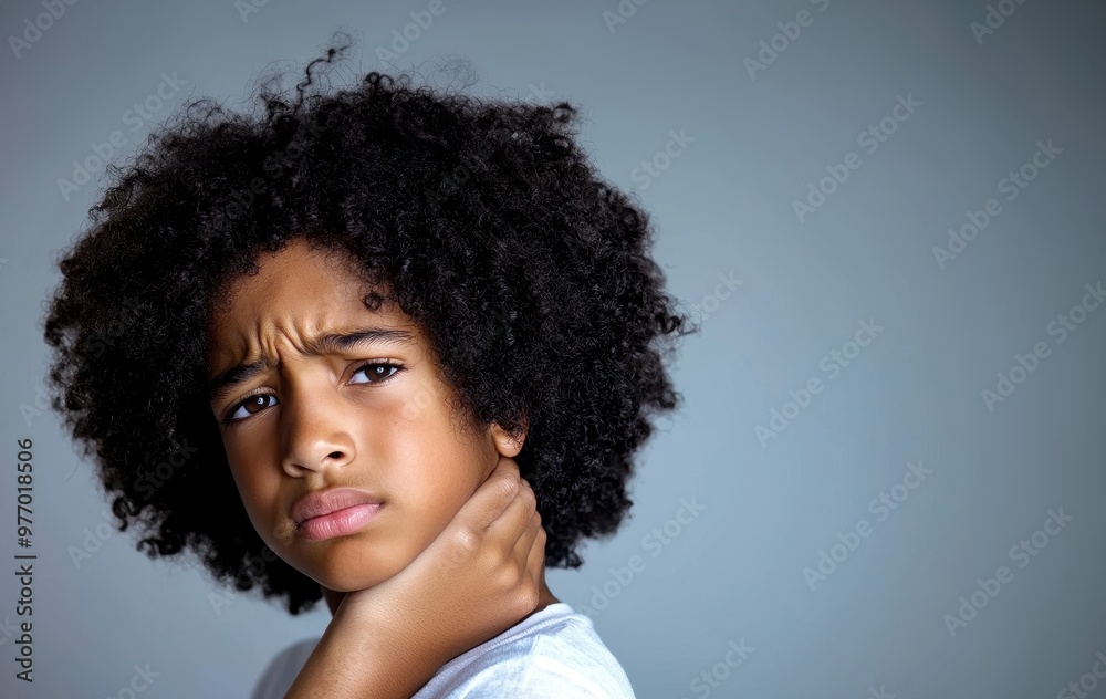 A young boy with curly hair, expressing confusion and concern, against a grey background, conveying emotions and childhood innocence. A young boy with curly hair, expressing confusion and concern, against a grey background, conveying emotions and childhood innocence.