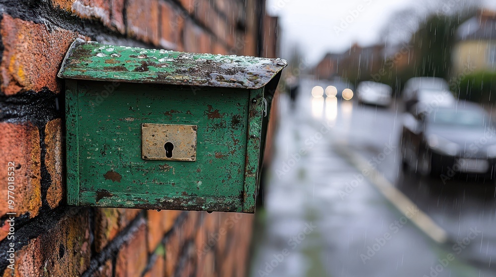 Green Mailbox on Brick Wall in the Rain Green Mailbox on Brick Wall in the Rain