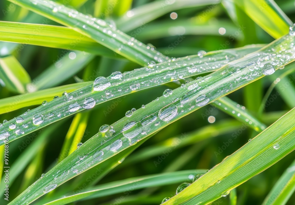 Blurred background with close-up of water droplets on blades of grass