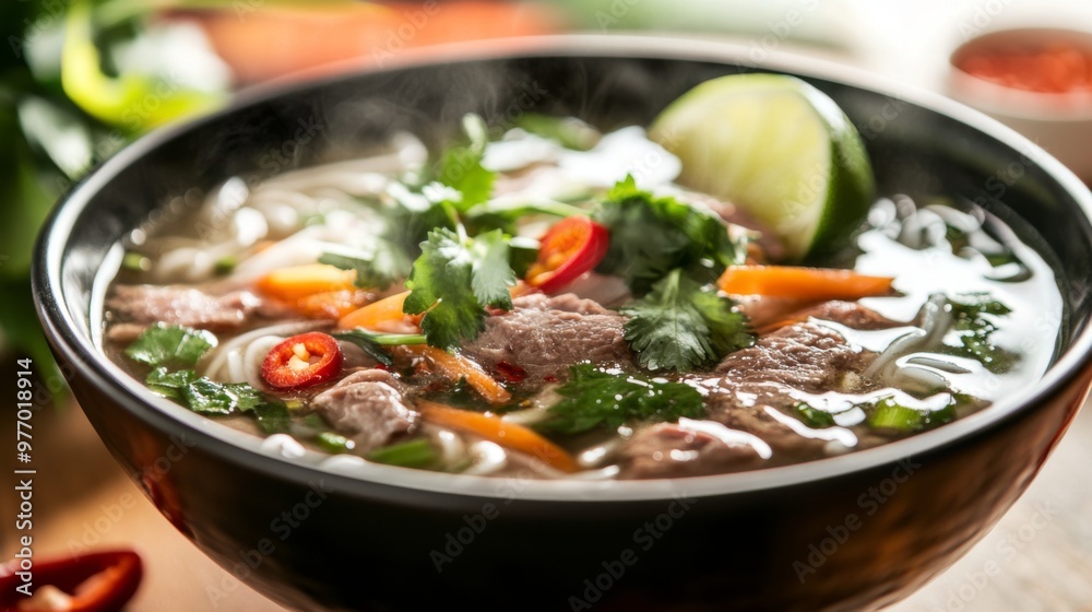 A close-up of a bowl of steaming Thai noodle soup with tender slices of meat, fresh herbs, and vibrant vegetables, garnished with lime and chili. A close-up of a bowl of steaming Thai noodle soup with tender slices of meat, fresh herbs, and vibrant vegetables, garnished with lime and chili.
