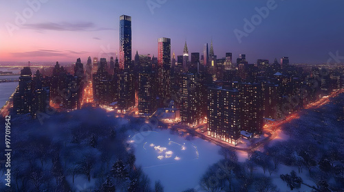 An aerial view of a snowy c...