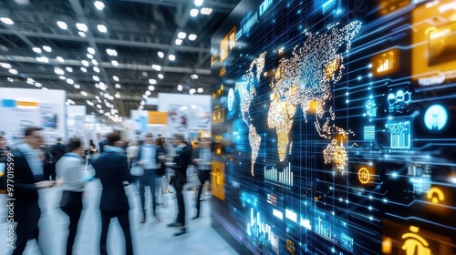 Global Business Conference with World Map and Technology Display