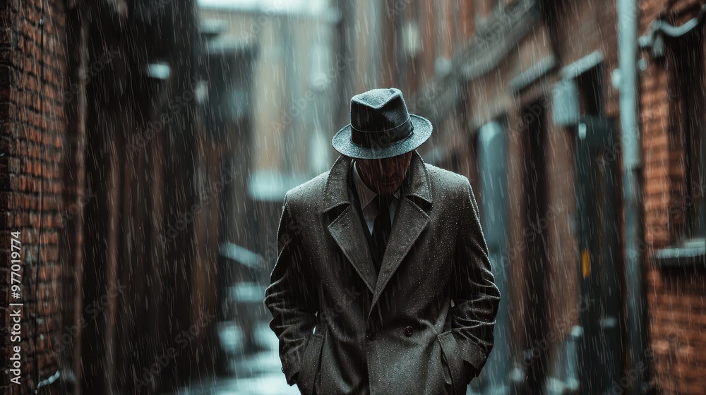 Mysterious Man Walking in Rain Cityscape Wet Street Fedora Hat Overcoat Urban Lifestyle Backlight Mysterious Man Walking in Rain Cityscape Wet Street Fedora Hat Overcoat Urban Lifestyle Backlight
