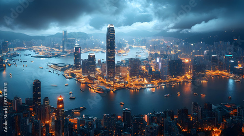 An aerial view of Hong Kong at night, with the city lights illuminating the harbor and the surrounding skyscrapers. The clouds are dark and dramatic, adding to the sense of urban grandeur.