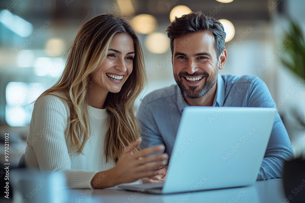 Smiling Business Partners Collaborating on Laptop in Office Smiling Business Partners Collaborating on Laptop in Office