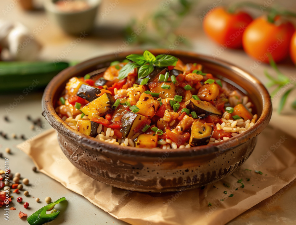 Pisto Spanish Vegetable Stew Close Up, Mediterranean Dish with Eggplant and Zucchini Pisto Spanish Vegetable Stew Close Up, Mediterranean Dish with Eggplant and Zucchini