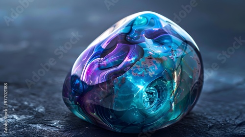 A mesmerizing, iridescent gemstone with swirling hues of turquoise and purple, its design embodying sophistication and allure against a deep, dark background.
